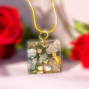 Rose Quartz & Moss Resin Square Pendant Necklace | Gold Foil & Rhinestone Accent